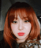 a close up of a woman 's face with red hair and pink lips