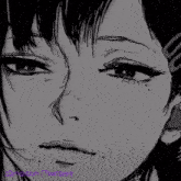 a black and white drawing of a girl 's face with a serious look on her face .