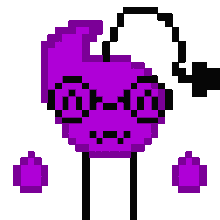 a pixel art drawing of a purple heart with glasses and a hat .