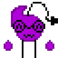 a pixel art drawing of a purple heart with glasses and a hat .