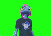 a chameleon with pink hair and a black shirt with mushrooms on it