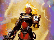 a video game character holds up a picture of a man with the word true on it
