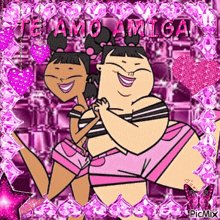 a picture of two girls hugging with the words te amo amiga in pink letters