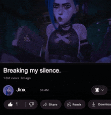 a screenshot of jinx holding a book with the words breaking my silence