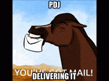 a cartoon of a horse with an envelope in its mouth that says pdj