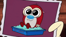 a cartoon character is sitting in a blue box that says stump