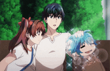 a group of anime characters are posing for a picture and one of them has blue hair