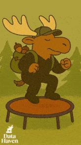 a cartoon moose is jumping on a trampoline with a data haven logo behind him