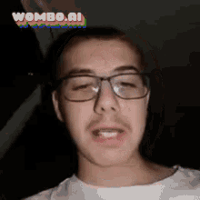 a man wearing glasses and a white shirt with the word wombo.ai on the bottom right