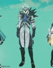 a man with a bird on his head is standing in front of a blue sky