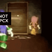 a cartoon character is standing in front of a door with a sign that says " not pcx "