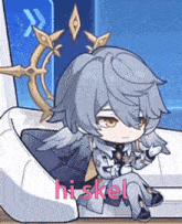 a cartoon character is sitting in a chair with the word hi skel written above him