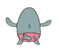 a cartoon drawing of a shark wearing a red swim trunks