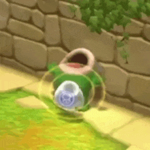 a cartoon character is sitting on a sidewalk next to a wall .