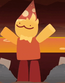 a cartoon character wearing a party hat is standing in a cave with his arms outstretched