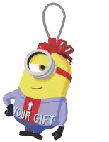 a yellow minion with a red bow on his head and a shirt that says your gift