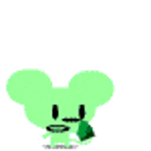 a green cartoon mouse is holding a green object in its mouth .