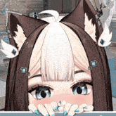 a cartoon girl with cat ears covering her face