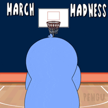 a penguin is playing basketball with the words march madness behind it