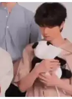 a man is holding a stuffed panda in his arms .
