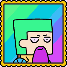 a cartoon drawing of a man with a green hair and a purple beard