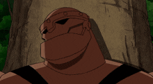 a cartoon character leaning against a tree with his eyes closed