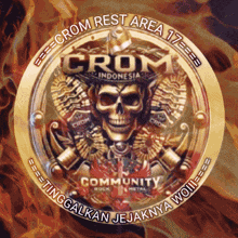 a gold emblem with a skull and the word crom indonesia