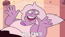 a cartoon of a purple cartoon character with the words `` no , i can 't '' written on it .