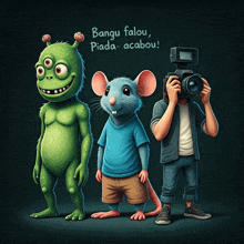 a cartoon drawing of a green monster a mouse and a man holding a camera