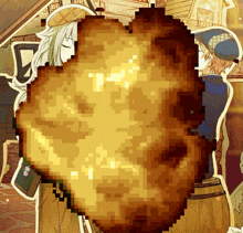 a pixel art drawing of a man and a woman holding a large piece of paper