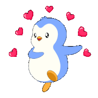 a blue and white penguin surrounded by red hearts