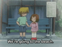 a boy and a girl holding hands with the words " we 're going to the beach " above them
