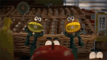 a kiwi fruit with googly eyes is eating a kiwi .