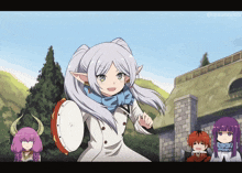 a drawing of a girl playing a tambourine with a group of anime characters behind her