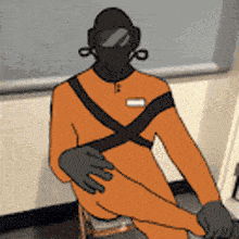 a cartoon of a man wearing a gas mask and gloves sitting on a chair