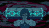 a pixel art of a girl praying in front of a blue box