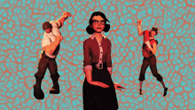 a woman with glasses is standing in front of a pizza