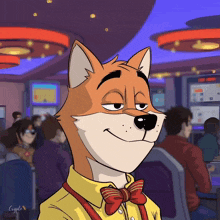 a cartoon of a fox wearing a yellow shirt and red suspenders