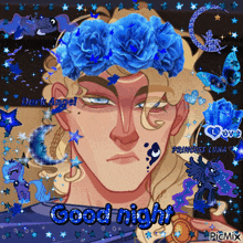a picture of a man with a crown of blue flowers on his head and the words good night