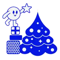 a blue christmas tree with a star on top and a bunny on top of it