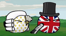 a cartoon of a british ball holding a fan