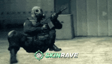 a man in a gas mask is holding a gun in a room with the words skinrave on the bottom .