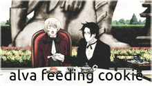 a picture of two men sitting at a table with the words alva feeding cookie above them