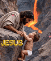 a painting of jesus and a baby with the word jesus on the bottom right