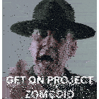 a man in a military uniform is pointing with the words get on project zombodid below him