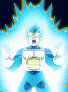 a cartoon character with blue hair and a white shirt