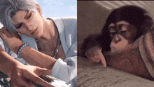 a man and a monkey are playing with each other 's hands