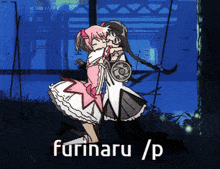 a cartoon of two girls hugging with the words furinaru / p underneath