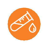 an orange circle with a white icon of a syringe and a drop of blood .