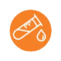 an orange circle with a white icon of a syringe and a drop of blood .